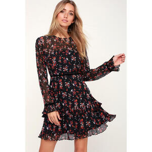 Lulus Floral To See Black Floral Print Long Sleeve Mini Dress - Size XS